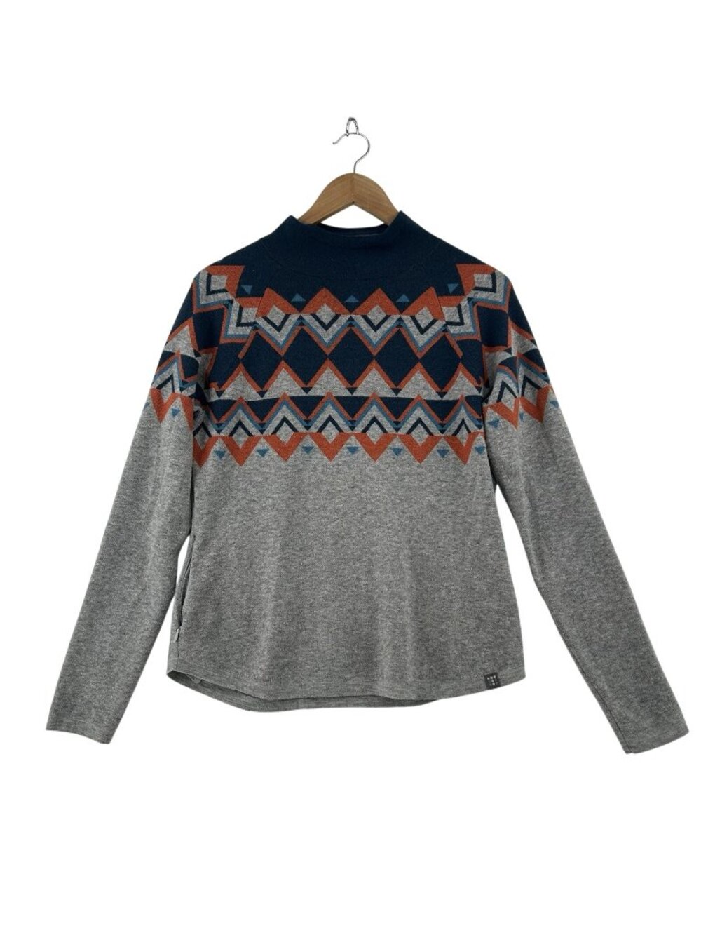 Title Nine Barra Mock Neck Fair Isle Pullover Sweater Women’s M Merino Wool Gray
